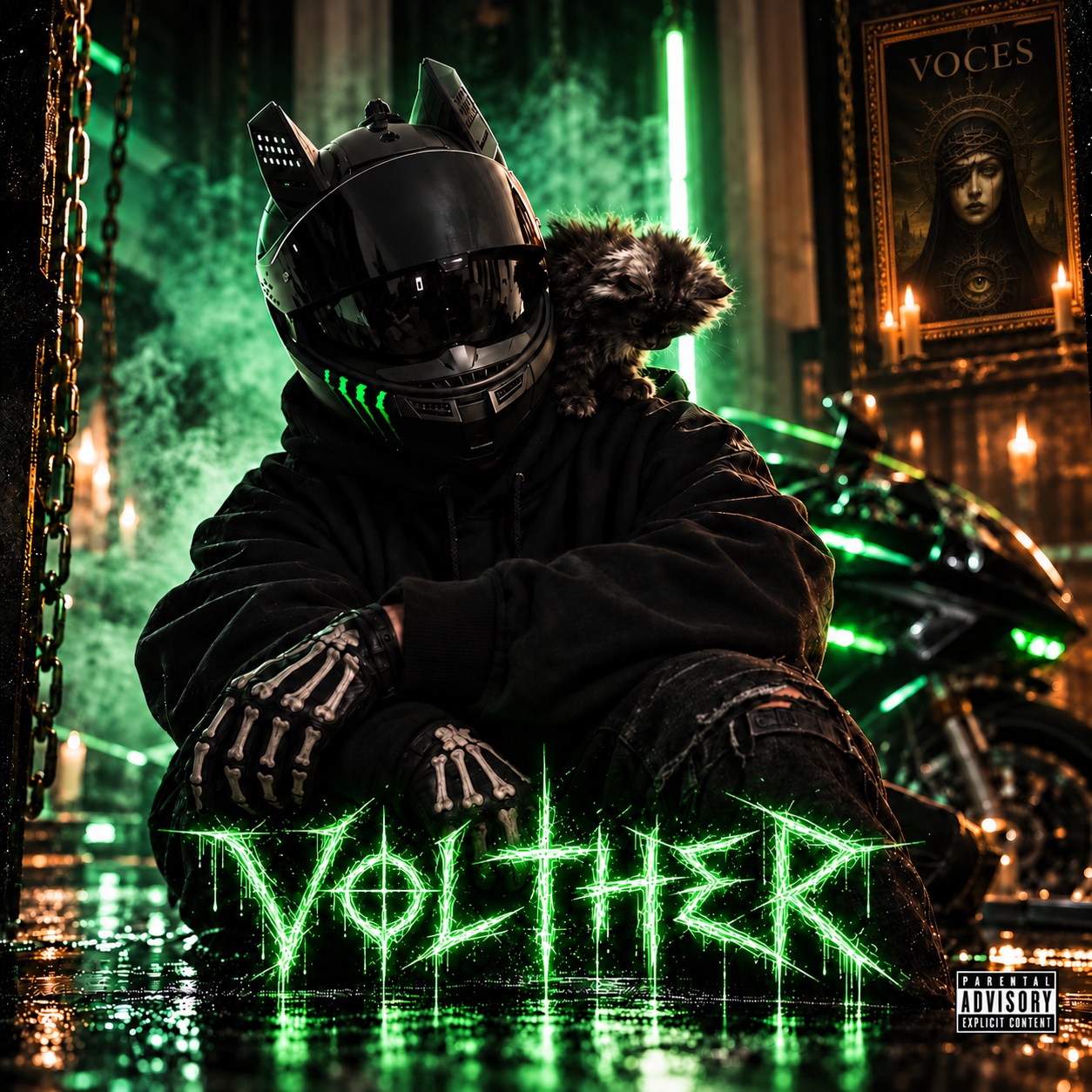 Portada de VOLTHER 2: Volther con casco y guantes de calavera, luces verdes y el cuadro de VOCES al fondo
